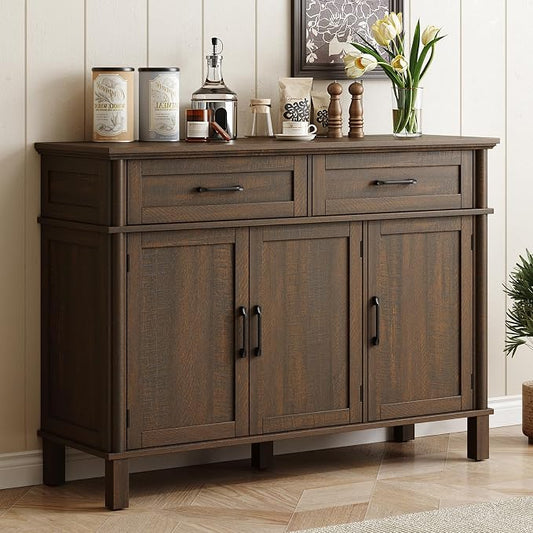 ONBRILL 48 Inch Buffet Cabinet with Storage, Farmhouse Sideboard Buffet w/2 Drawers and 3 Doors, Wood Coffee Bar Cabinet with Adjustable Shelves, Sideboard Storage for Kitchen, Living Room, Brown