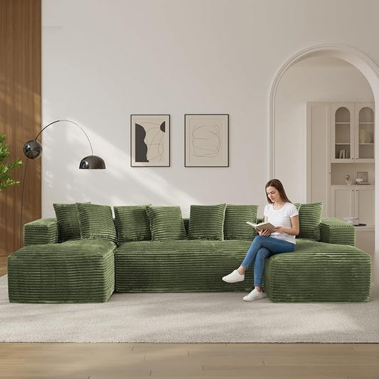 131" Oversized U Shaped Cloud Sectional Couches for Living Room, Comfy Fluffy Corduroy Green Boneless Sectionals Couch, Plush Memory Foam Modular Sectional Sofa with Chaise- 19" Seat Height