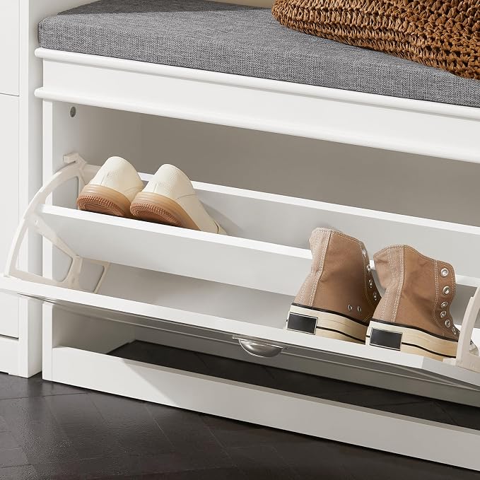 SoBuy Small Shoe Storage Bench, Narrow Shoe Cabinet for Entryway, Shoe Rack with Cushion&2 Tiers Flip-Drawer, Closet Hallway Mudroom White FSR82-L-W | Narrow shoe storage cabinet with 2-tier rack & 2 adjustable height shelves for small spaces, white, 7...