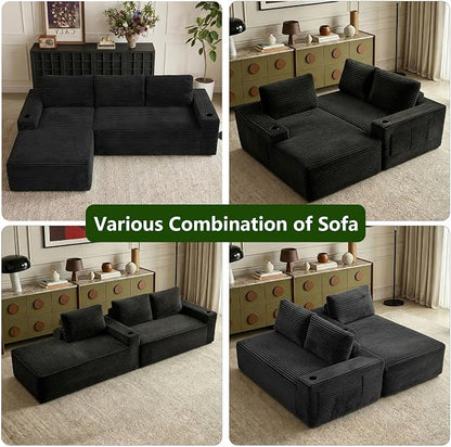 104.3" Modular Sectional Sofa,Modern Corduroy Cloud Couch with Cup Holder & Side Pockets,Boneless Couch Upholstered 3-Seater L-Shaped Sofa for Living Room,No Assembly (Black, Left-Facing Chaise) | with Cup Holder