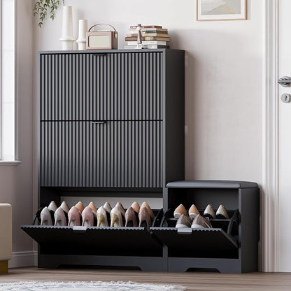 BORNOON Slim Shoe Cabinet with Bench for Entryway, Hidden Storage and Adjustable Shelves, Free Standing Wooden Shoes Organizer for Hallway, Foyer