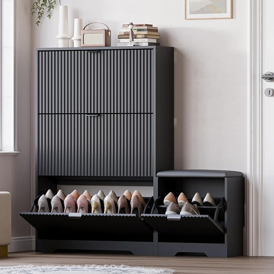 BORNOON Slim Shoe Cabinet with Bench for Entryway, Hidden Storage and Adjustable Shelves, Free Standing Wooden Shoes Organizer for Hallway, Foyer