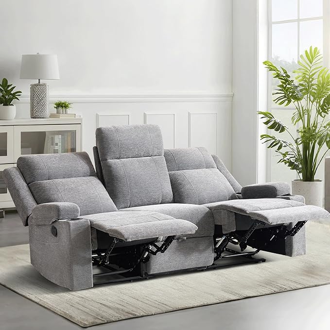 GUEAPY Large Manual Reclining Sofa – 3-Seater Chenille Reclining Couch with Cup Holders, Wide Seat, Easy Assembly & Spill-Resistant Fabric – Cozy Reclining Sofa for Living Room, Apartment, RV