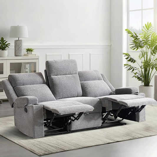 GUEAPY Large Manual Reclining Sofa – 3-Seater Chenille Reclining Couch with Cup Holders, Wide Seat, Easy Assembly & Spill-Resistant Fabric – Cozy Reclining Sofa for Living Room, Apartment, RV