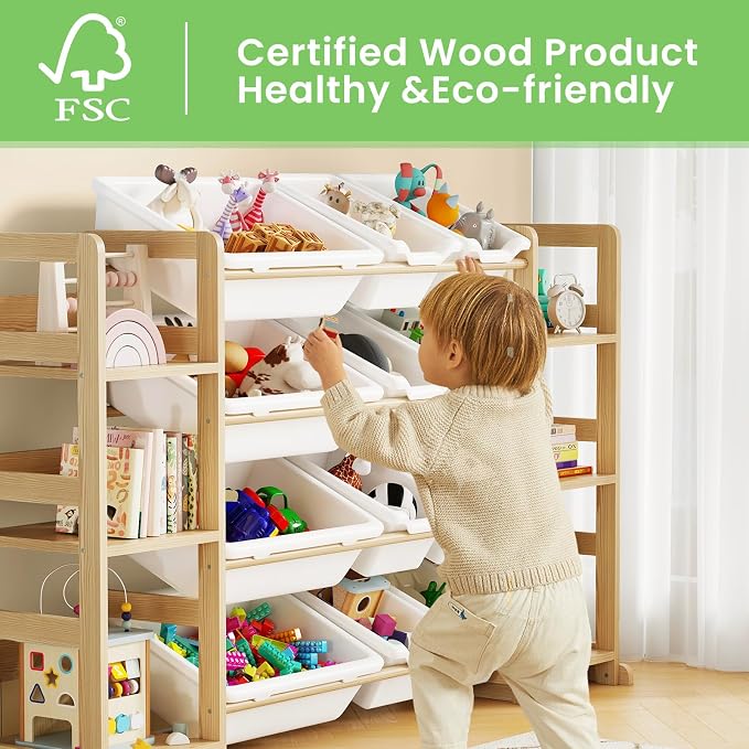 EXPERLAM Extra Large Toy Storage - Toy Storage Organizer, Wooden Toy Organizer with 6 Side Shelves and 12 Bins, 3-in-1 Bookshelf for Kids Rooms, Playroom, Nursery, White