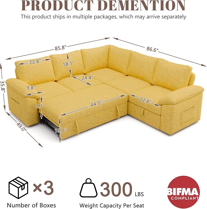 85 Inch Modular Sectional Sofa with Pull Out Bed, L Shaped 5 Seat Sectional Sleeper Sofa with Storage, Sectional Couches for Living Room, Cloud Modular Couch,Removable Sofa Cover,Yellow
