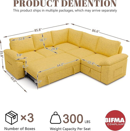 85 Inch Modular Sectional Sofa with Pull Out Bed, L Shaped 5 Seat Sectional Sleeper Sofa with Storage, Sectional Couches for Living Room, Cloud Modular Couch,Removable Sofa Cover,Yellow
