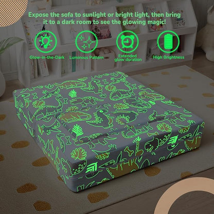 MeMoreCool Glow-in-the-Dark Dinosaur Kids Loveseat - Modular Toddler Play Couch that Folds Out, Convertible Foam Chair & Mini Sofa Bed with Washable Plush Cover, 2-Seat Playroom Furniture