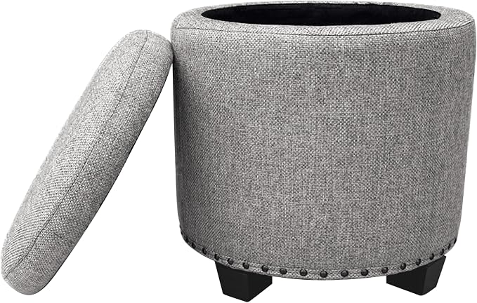 HomePop 18.5" Round Storage Ottoman with Nailheads - Grey Woven