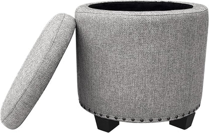 HomePop 18.5" Round Storage Ottoman with Nailheads - Grey Woven