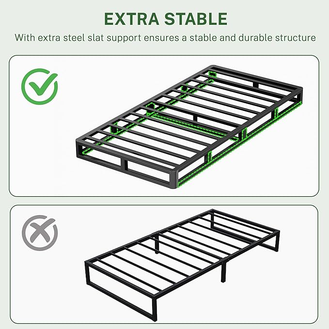 VIPSHOW 10 Inch Twin XL Metal Bed Frame Round Corner Low Platform Bed Frames 3000 LBS Heavy Duty Steel Slats Support Mattress Foundation No Box Spring Needed, Noise Free, Easy Assembly, Black