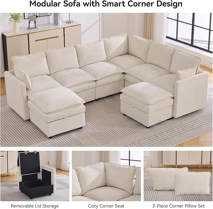 105" Beige Modular Storage Sofa, U Shaped Chenille Couch with 2 Ottomans | Oversized Convertible Sectional Sofa, 6-Seat Sectional Couch With 2 Ottomans, Large Cloud Couch For Living Room, Apartment.