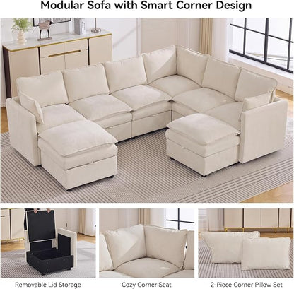 105" Beige Modular Storage Sofa, U Shaped Chenille Couch with 2 Ottomans | Oversized Convertible Sectional Sofa, 6-Seat Sectional Couch With 2 Ottomans, Large Cloud Couch For Living Room, Apartment.