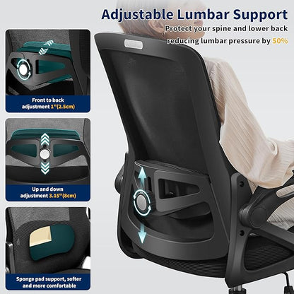 Ergonomic Office Chair, Desk Chair with Adjustable Lumbar Support, Breathable Mesh Comfy Computer Chairs with Flip-up Armrests Executive Task Chair for Adults Home Office (6Pcs)