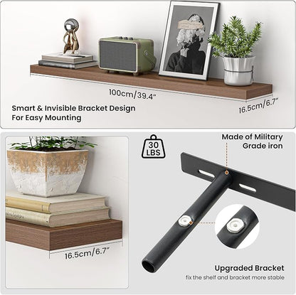Heimlove Floating Shelves for Wall 40 Inch,Mounted Storage & Display Hanging Shelf with Invisible Brackets,for Bedroom,Living Room,Kitchen,Office,Set of 2,Walnut Color