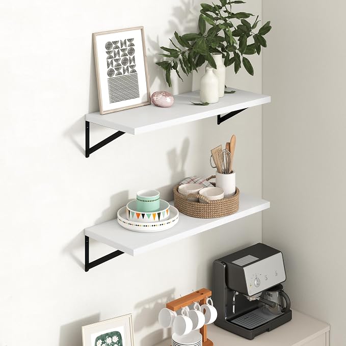 Axeman 12 Inch Deep Floating Shelves 30 Inches Long Set of 2 | 30'' x 12'' Rustic White Wood Shelves for Wall, Extra Deep Wall Shelves for Living Room Bathroom Kitchen