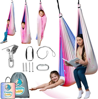 Indoor Sensory Swing for Kids or Outdoor – Holds 300lbs, Double-Layer, & 360° Swivel, Calming Compression Therapy Swing Hammock for Kids & Adults with All Hardware – Sensory-Motor Toys & Gifts