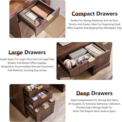 58" Modern Wood Executive Desk with 5 Drawers & 1 Cabinet, Built‑in Outlet | Fluted Computer Writing Desk for Study, Living Room, Bedroom, Dark Walnut