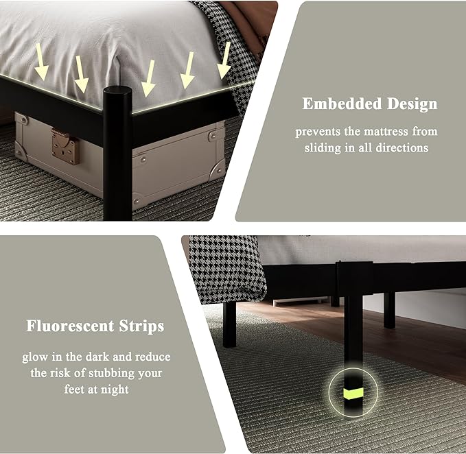 Feonase Full Black Bed Frame, Heavy-Duty Metal Bed Frame with 13 Hardened Steel Slats, 12" Under-Bed Storage, Noise-Free, Easy Assembly
