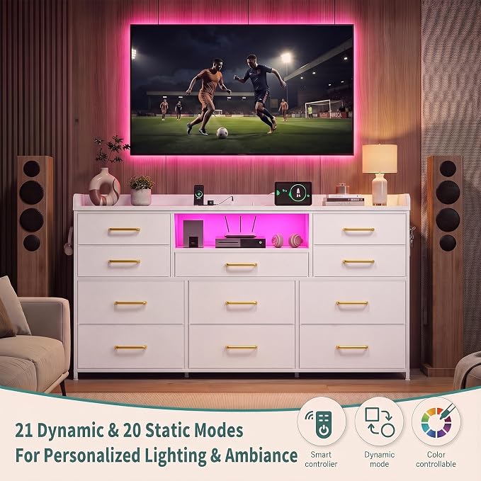 Bepatio LED Dresser for Bedroom with 11 Drawers,Power Strip,4 Hooks,White | Stylish Dressers & Chests of Drawers with 2 Wood Storage Shelves, TV Stand for 50/55/60 Inch TVs, Sturdy Metal Frame