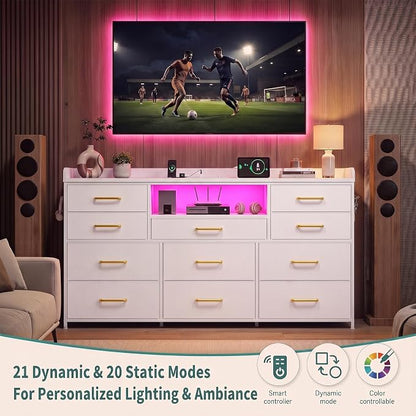 Bepatio LED Dresser for Bedroom with 11 Drawers,Power Strip,4 Hooks,White | Stylish Dressers & Chests of Drawers with 2 Wood Storage Shelves, TV Stand for 50/55/60 Inch TVs, Sturdy Metal Frame