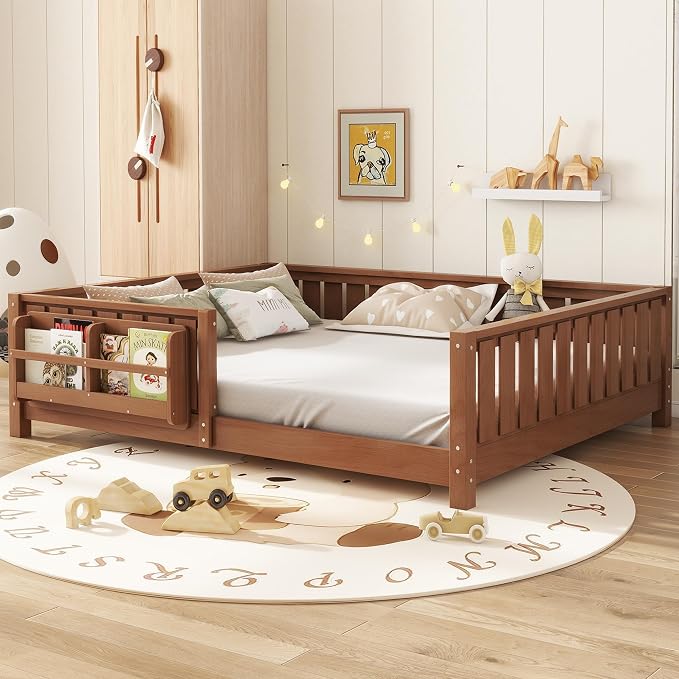 Bellemave Natural Montessori Floor Bed with Fence and Slats, Queen Size Montessori Floor Bed with Bookcase and High Rails, Easy Assemble Bed Frame for Girls, Boys, Queen