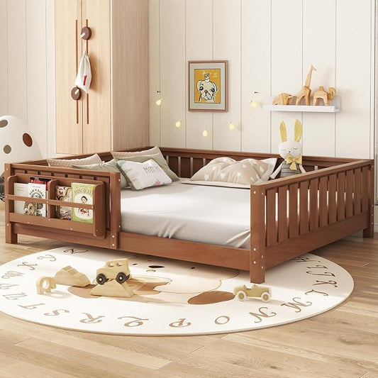 Bellemave Natural Montessori Floor Bed with Fence and Slats, Queen Size Montessori Floor Bed with Bookcase and High Rails, Easy Assemble Bed Frame for Girls, Boys, Queen