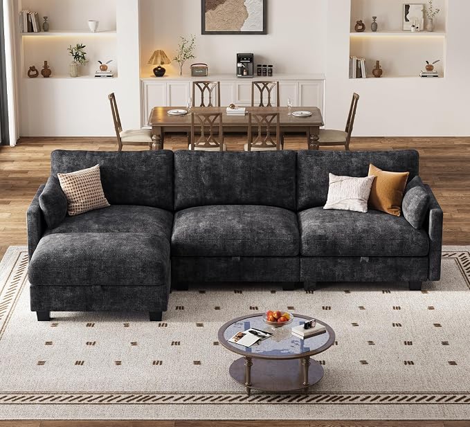 Modular Sectional L Shaped Sofa Couches for Living Room, Cloud Couch with Storage Ottoman, Comfy Chenille Sofa with Pillow, Black