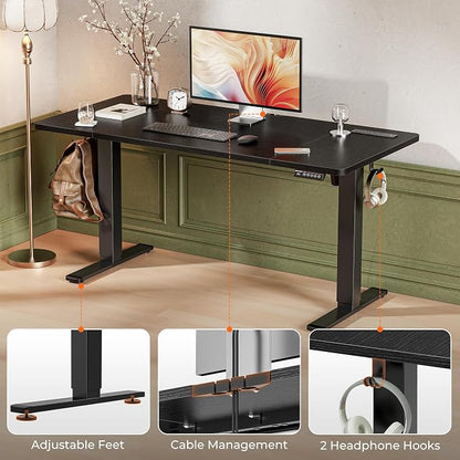 Huuger 55 x 28 Large Electric Standing Desk with 4 AC Outlets, Type-C Port, Height Adjustable Computer Desk, 27.6" Deep Desktop, Stand up Gaming Office Desk, 3 Preset Heights, for Home Office, Black