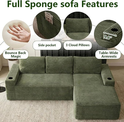 104.3" Modular Sectional Sofa,Modern Corduroy Cloud Couch with Cup Holder & Side Pockets,Boneless Couch Upholstered 4-Seater L-Shaped Sofa for Living Room,No Assembly (Green, Right-Facing Chaise) | with Cup Holder