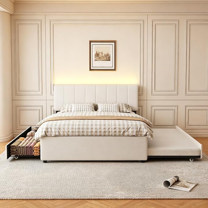 Full Size Upholstered Platform Bed w/Trundle Bed & 2 Storage Drawers | Twin Size Trundle,Two Drawers,LED Lighting Controlled by APP, USB+Type-C Charging Ports, Chenille Upholstered Bed Frame,Beige