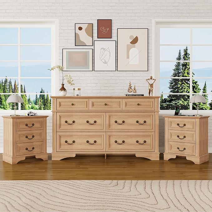 Farmhouse Dresser and Nightstand Sets, 7-Drawer Dresser & 3 Drawer Nightstand Sets, 3 Pieces Rustic Wood Bedroom Furniture Set for Home, Bedroom, Hallway（Natural）