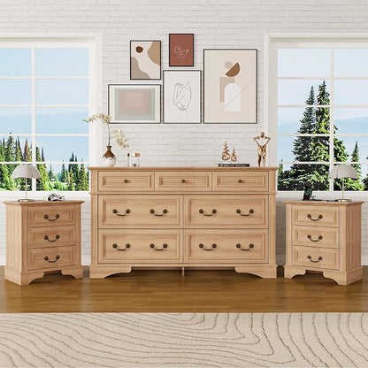Farmhouse Dresser and Nightstand Sets, 7-Drawer Dresser & 3 Drawer Nightstand Sets, 3 Pieces Rustic Wood Bedroom Furniture Set for Home, Bedroom, Hallway（Natural）