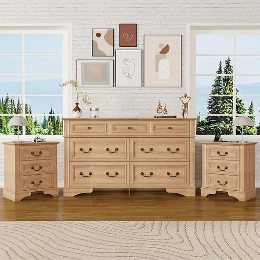 Farmhouse Dresser and Nightstand Sets, 7-Drawer Dresser & 3 Drawer Nightstand Sets, 3 Pieces Rustic Wood Bedroom Furniture Set for Home, Bedroom, Hallway（Natural）