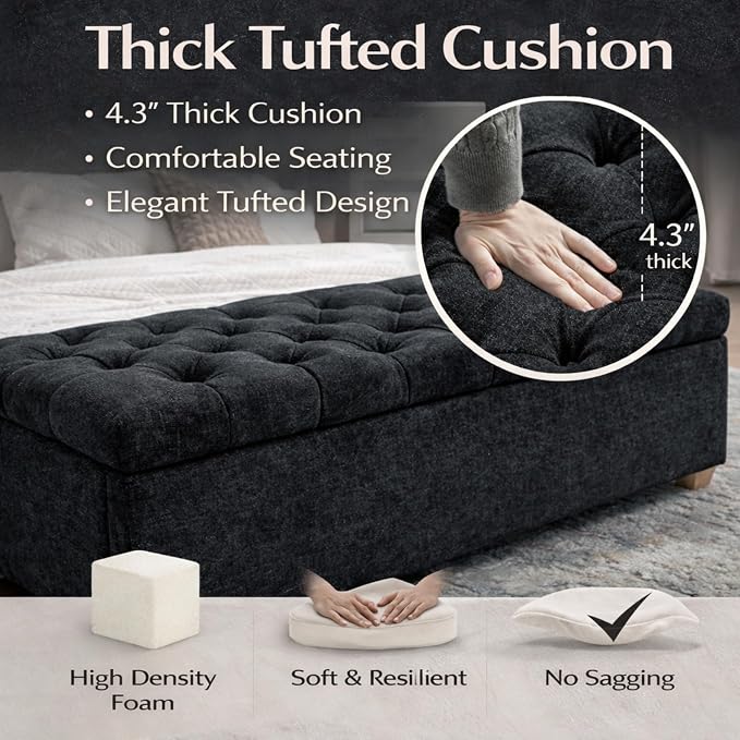 60.2" Storage Bench, End of Bed Storage Benches, Chenille Fabric Upholstered Ottoman Bench with Safety Hinge for Living Room Entryway Bedroom Hallway