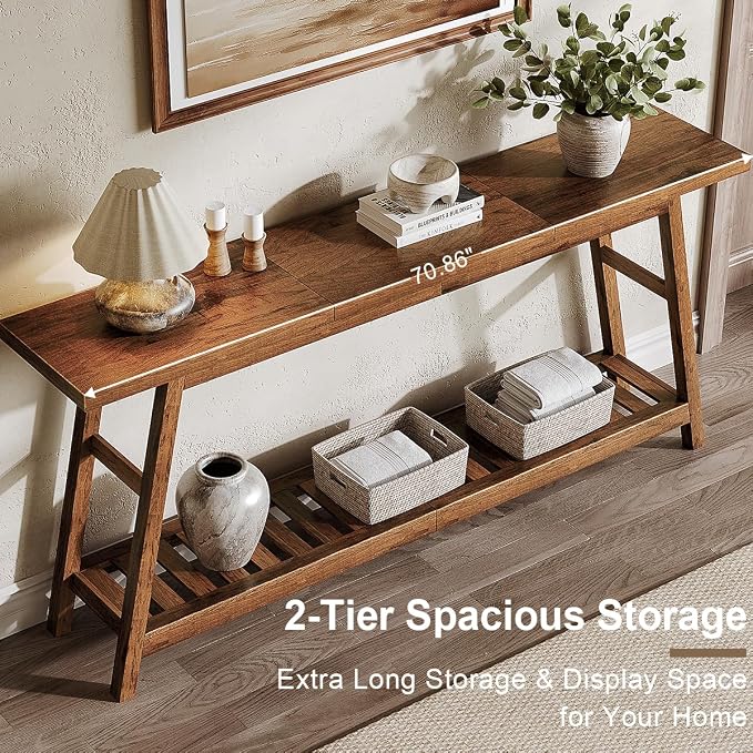 ChooChoo 70.9 Inch Long Console Tables for Entryway, Wood 2-Tier Entry Hallway Table, Narrow Sofa Table Behind Couch Table for Living Room, Entrance, Walnut