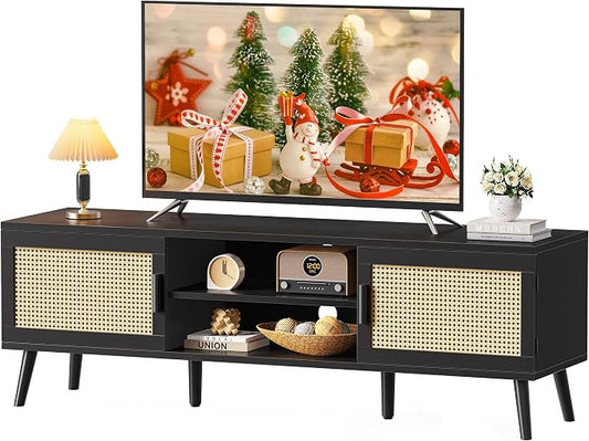 SUPERJARE TV Stand for 65 Inch TV, Entertainment Center with Adjustable Shelf, Rattan TV Console with 2 Cabinets, Media Console, Solid Wood Feet, 4 Cord Holes, for Living Room, Black