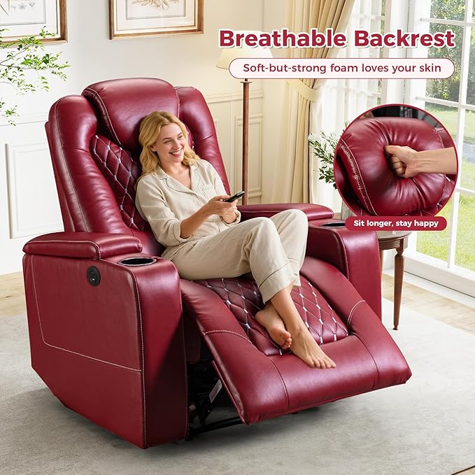 ANJ Power Recliner Chair Set of 5, Electric Soft Faux Leather Reclining Home Theater Seating - USB Ports, Cup Holders, Hidden Arm Storage Movie & Media Room Chairs (Red)