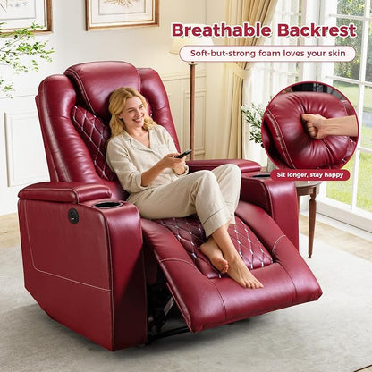 ANJ Power Recliner Chair Set of 7, Electric Soft Faux Leather Reclining Home Theater Seating - USB Ports, Cup Holders, Hidden Arm Storage Movie & Media Room Chairs (Red)