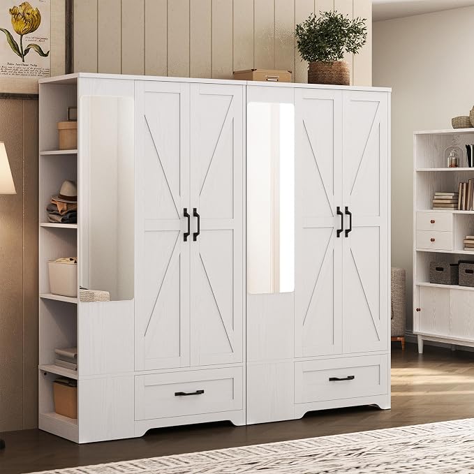 LIKIMIO 70" Tall Wardrobe Closet with Mirror, Side Shelves & Drawer, Freestanding Bedroom Armoire with Hanging Rod, X Barn Door Storage Cabinet for Bedroom, White