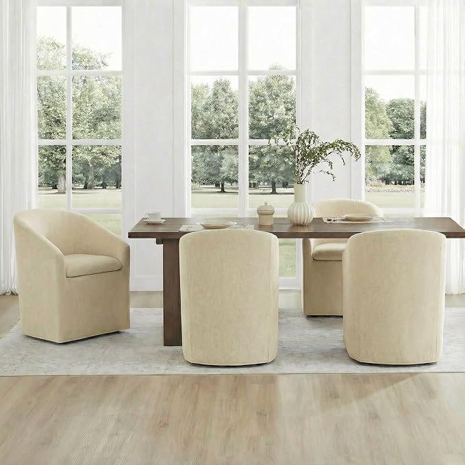 KISLOT Upholstered Dining Chairs Set of 2 with Casters, Modern Side Barrel Armchair with Washable Slipcover & Sturdy Metal Frame for Diningroom Bedroom Livingroom Reading Room, Sand Fabric