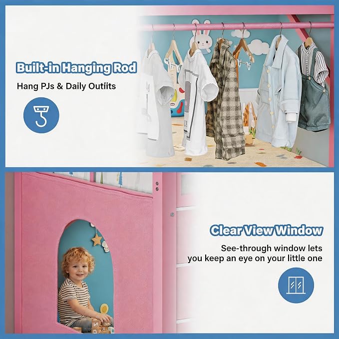 Einhomn Twin Low Loft Bed with 8 Drawers, Bookshelf, Heavy Duty Metal Kids Loft Bed with 13 Inch Safety Guardrail, Play Curtain, Under-Bed Play Area - Pink