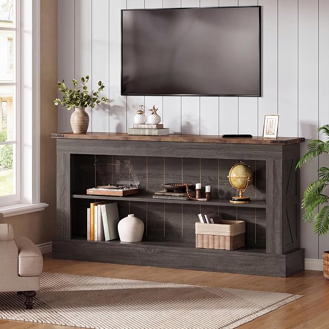 Tribesigns 63-Inch Long Console Table for Entryway, Narrow Long Entry Table with Shelves for Living Room, Farmhouse Sofa Console Behind Couch, for Foyer, Hallway, Gray and Brown