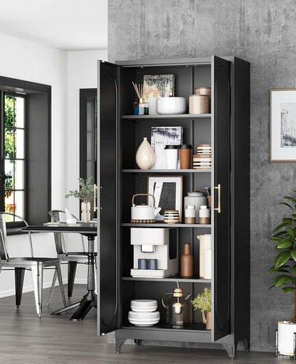75" Tall Black Metal Storage Cabinet with 2 Doors and 4 Adjustable Shelves, Heavy Duty Steel Pantry Cabinet for Garage, Home Office, Kitchen and Laundry Room, Freestanding Utility Cupboard