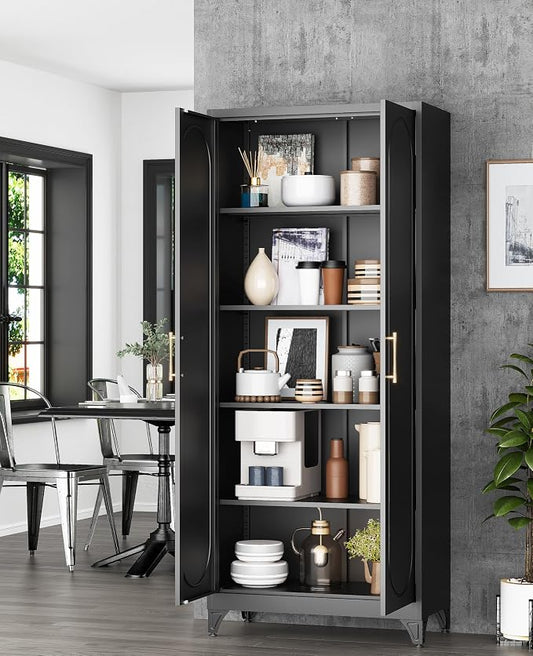 75" Tall Black Metal Storage Cabinet with 2 Doors and 4 Adjustable Shelves, Heavy Duty Steel Pantry Cabinet for Garage, Home Office, Kitchen and Laundry Room, Freestanding Utility Cupboard