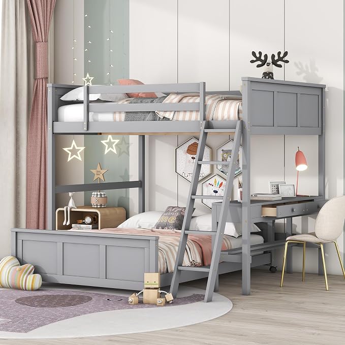 Ball & Cast Full Over Full Bunk Bed with Safty Guardrail & Stairway,Heavy Duty Wood Loft Bedframe W/Desk & Drawers,Easy Assembly,Versatile Functional Bedroom Furniture Set for Boy Girl Teens,Gray