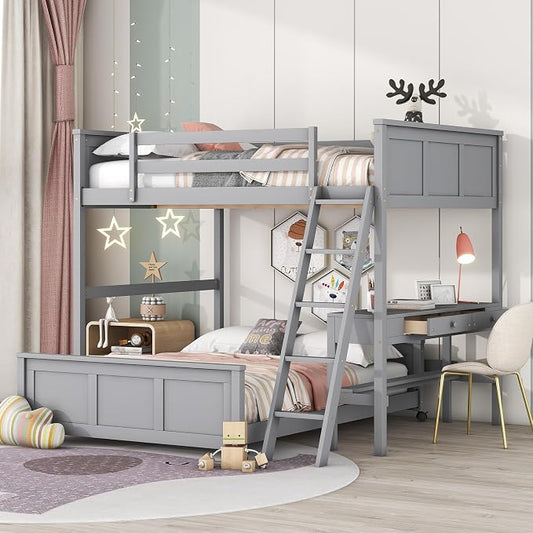 Ball & Cast Full Over Full Bunk Bed with Safty Guardrail & Stairway,Heavy Duty Wood Loft Bedframe W/Desk & Drawers,Easy Assembly,Versatile Functional Bedroom Furniture Set for Boy Girl Teens,Gray