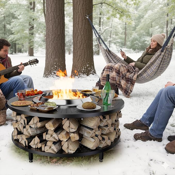 Fire Pit Surround Tabletop for Solo Stove Yukon 1.0 & 2.0, 48" Fire Pit Surround Tabletop with Wood Storage Shelf, Powder-Coated Steel Surround Tabletop with Extra Space with Raised Stand