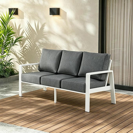 Outdoor Couch 3-Seat All-Weather Metal Outdoor Sofa, Oversized Patio Couch, Aluminum Patio Sofa with 5" Cushions (White/Dark Grey)