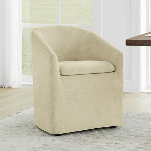KISLOT Upholstered Dining Chairs Set of 1 with Casters, Modern Side Barrel Armchair with Washable Slipcover & Sturdy Metal Frame for Diningroom Bedroom Livingroom Reading Room, Sand Fabric